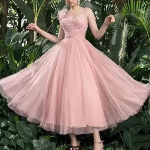 Spaghetti Strap Plain Floral Accent Ruched Mesh A-Line Evening Dress