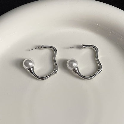 Faux Pearl Irregular Alloy Open Hoop Earring