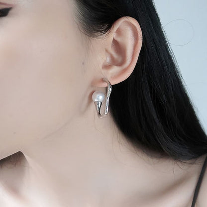 Faux Pearl Irregular Alloy Open Hoop Earring