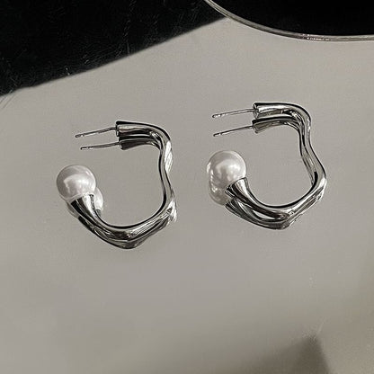 Faux Pearl Irregular Alloy Open Hoop Earring