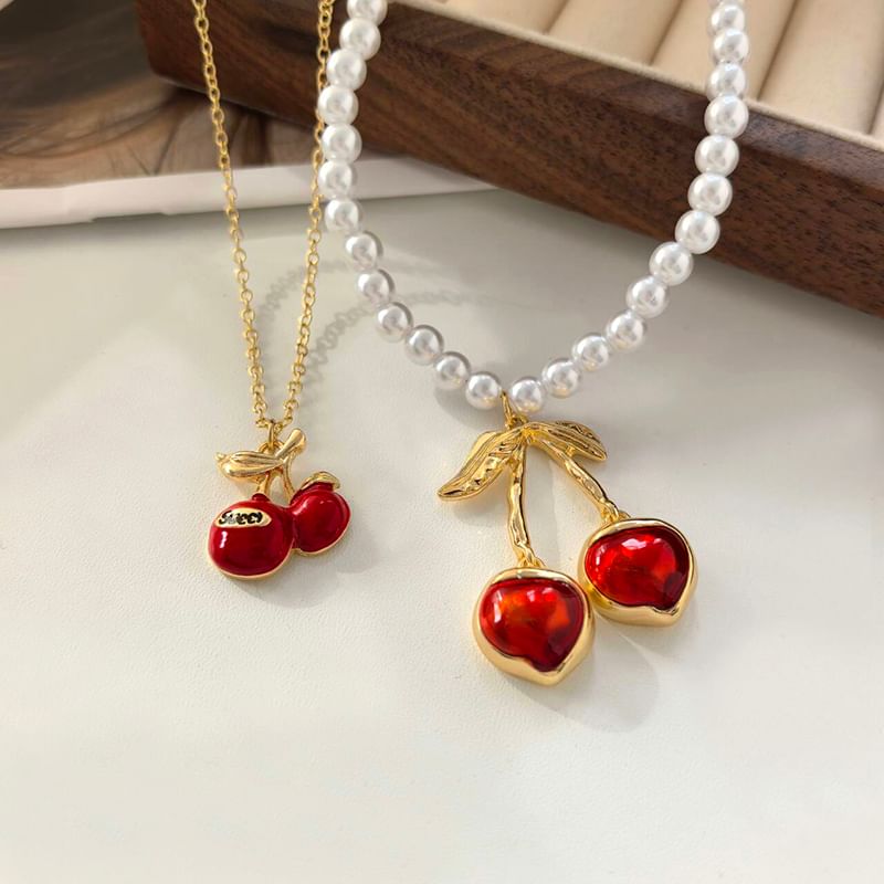 Cherry Resin Pendant Alloy Necklace / Cherry Pendant Faux Pearl Necklace