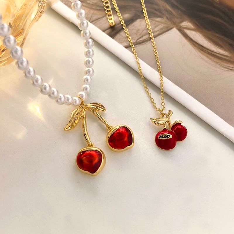 Cherry Resin Pendant Alloy Necklace / Cherry Pendant Faux Pearl Necklace