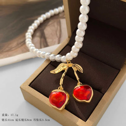 Cherry Resin Pendant Alloy Necklace / Cherry Pendant Faux Pearl Necklace
