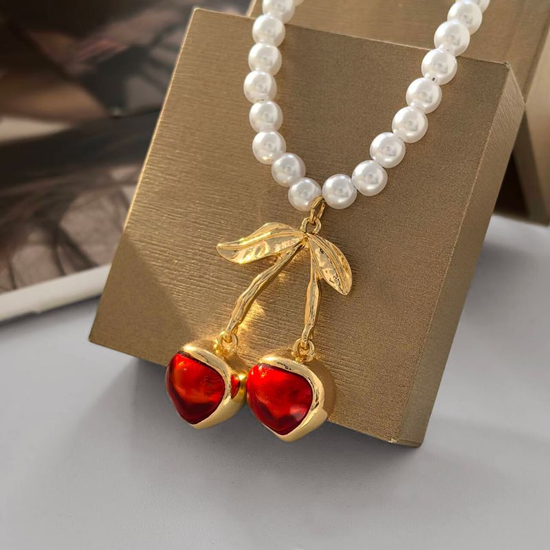 Cherry Resin Pendant Alloy Necklace / Cherry Pendant Faux Pearl Necklace