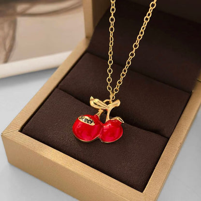 Cherry Resin Pendant Alloy Necklace / Cherry Pendant Faux Pearl Necklace