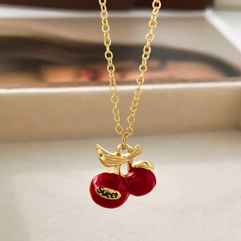 Cherry Resin Pendant Alloy Necklace / Cherry Pendant Faux Pearl Necklace