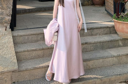 Long-Sleeve Plain Shirt / Spaghetti Strap V-Neck Maxi Sundress
