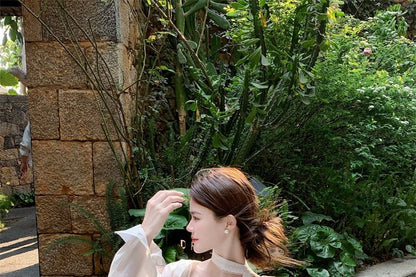 Long-Sleeve Plain Shirt / Spaghetti Strap V-Neck Maxi Sundress