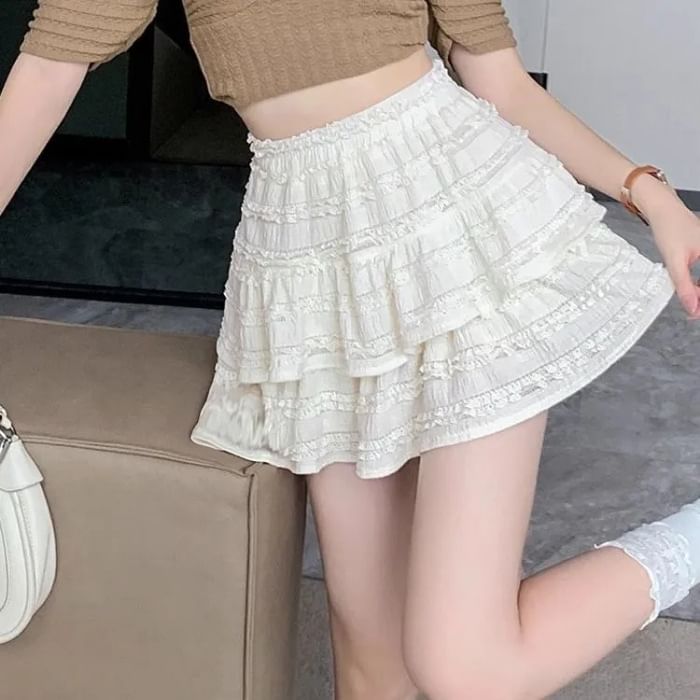Layered Mini Skirt with Lace Trim and High Rise