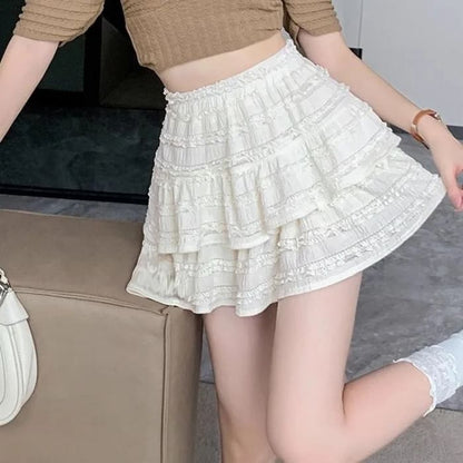 Layered Mini Skirt with Lace Trim and High Rise