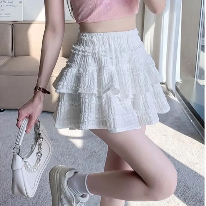 Layered Mini Skirt with Lace Trim and High Rise