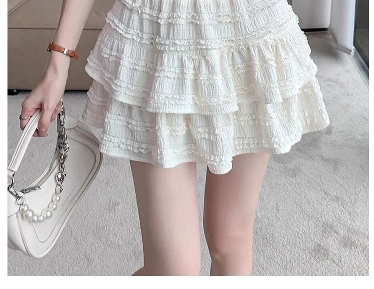 Layered Mini Skirt with Lace Trim and High Rise