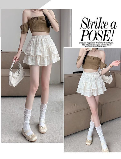 Layered Mini Skirt with Lace Trim and High Rise