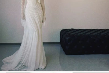 Long Sleeve Off Shoulder Plain Ruched Mesh A-Line Wedding Gown