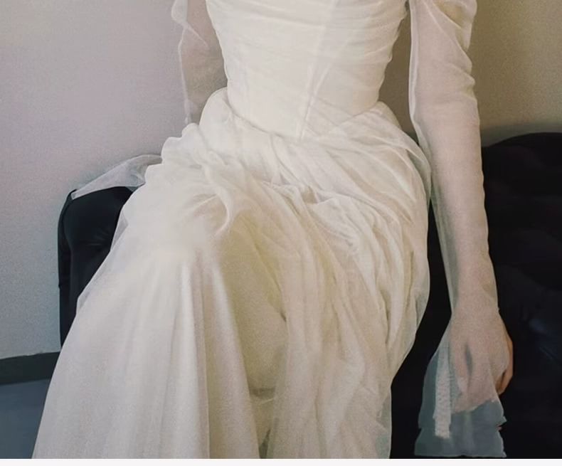 Long Sleeve Off Shoulder Plain Ruched Mesh A-Line Wedding Gown