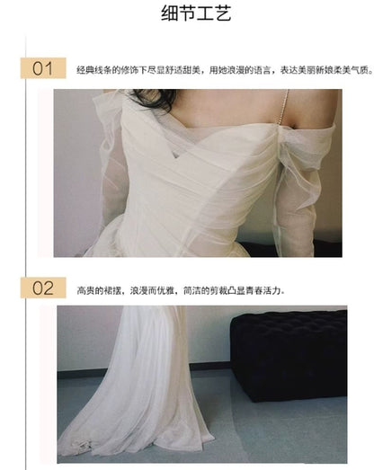 Long Sleeve Off Shoulder Plain Ruched Mesh A-Line Wedding Gown