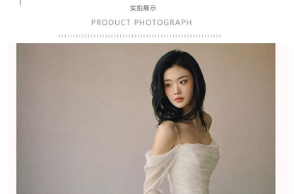 Long Sleeve Off Shoulder Plain Ruched Mesh A-Line Wedding Gown