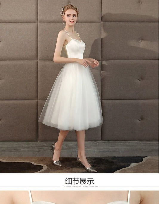 Spaghetti Strap Sweetheart Neck Plain Satin Panel Mesh Midi A-Line Wedding Dress