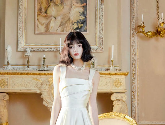 Sleeveless Square Neck Plain Satin Midi A-Line Wedding Dress