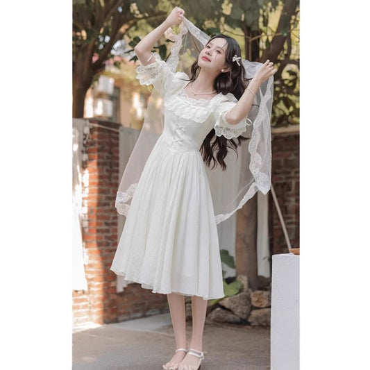 Juliet Sleeve Square Neck Plain Bow Ruffle Panel Lace Midi A-Line Wedding Dress / Veil / Set