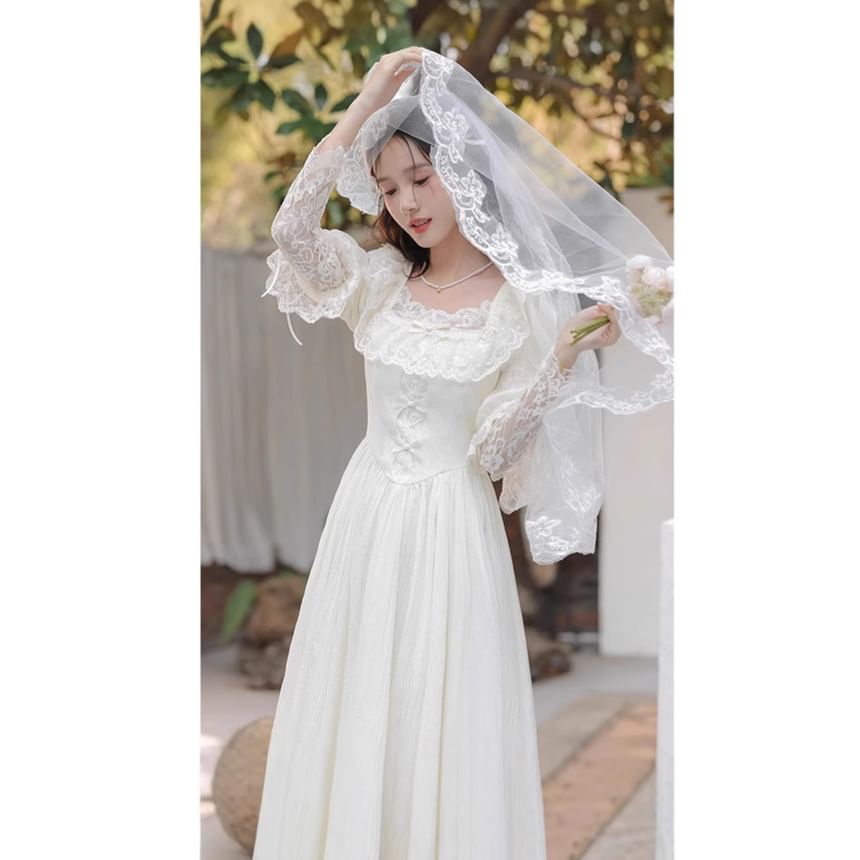 Juliet Sleeve Square Neck Plain Bow Ruffle Panel Lace Midi A-Line Wedding Dress / Veil / Set