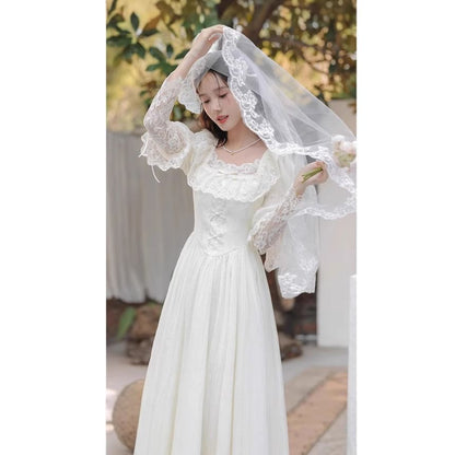 Juliet Sleeve Square Neck Plain Bow Ruffle Panel Lace Midi A-Line Wedding Dress / Veil / Set