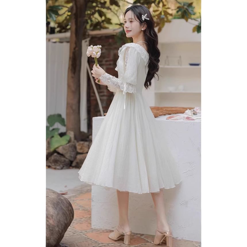 Juliet Sleeve Square Neck Plain Bow Ruffle Panel Lace Midi A-Line Wedding Dress / Veil / Set