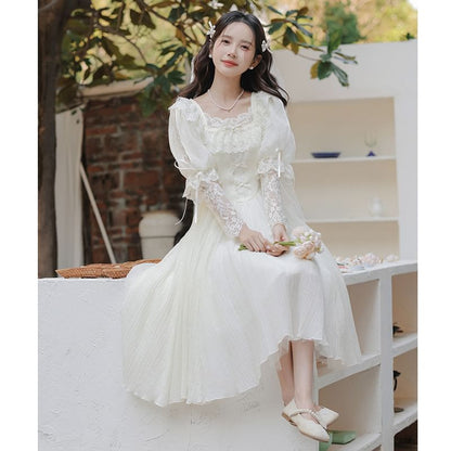 Juliet Sleeve Square Neck Plain Bow Ruffle Panel Lace Midi A-Line Wedding Dress / Veil / Set