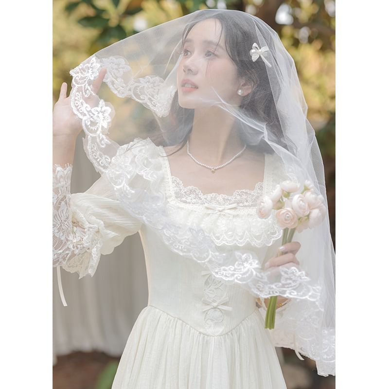 Juliet Sleeve Square Neck Plain Bow Ruffle Panel Lace Midi A-Line Wedding Dress / Veil / Set