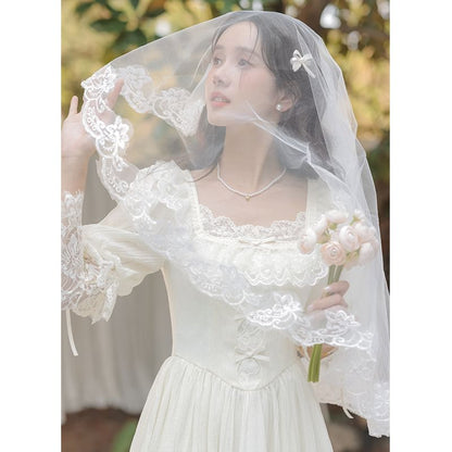 Juliet Sleeve Square Neck Plain Bow Ruffle Panel Lace Midi A-Line Wedding Dress / Veil / Set