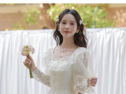 Juliet Sleeve Square Neck Plain Bow Ruffle Panel Lace Midi A-Line Wedding Dress / Veil / Set