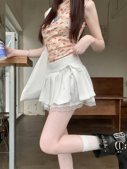 Mid-Rise Lace Panel Pleated Layered Mini Flared Skirt