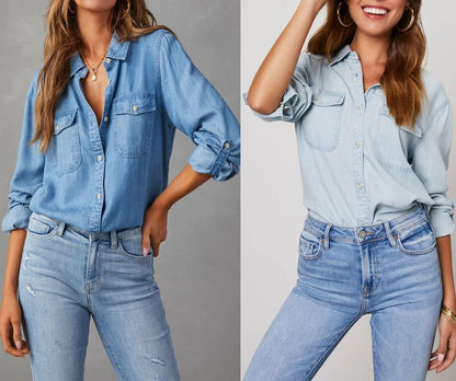 Long Sleeve V-Neck Loose-Fit Denim Shirt