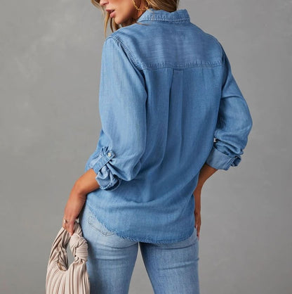Long Sleeve V-Neck Loose-Fit Denim Shirt