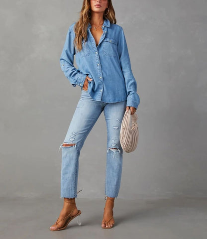 Loose-Fit Sleeve Shirt Denim Long V-Neck