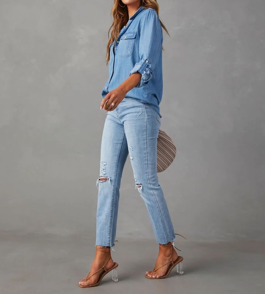 Loose-Fit Sleeve Shirt Denim Long V-Neck