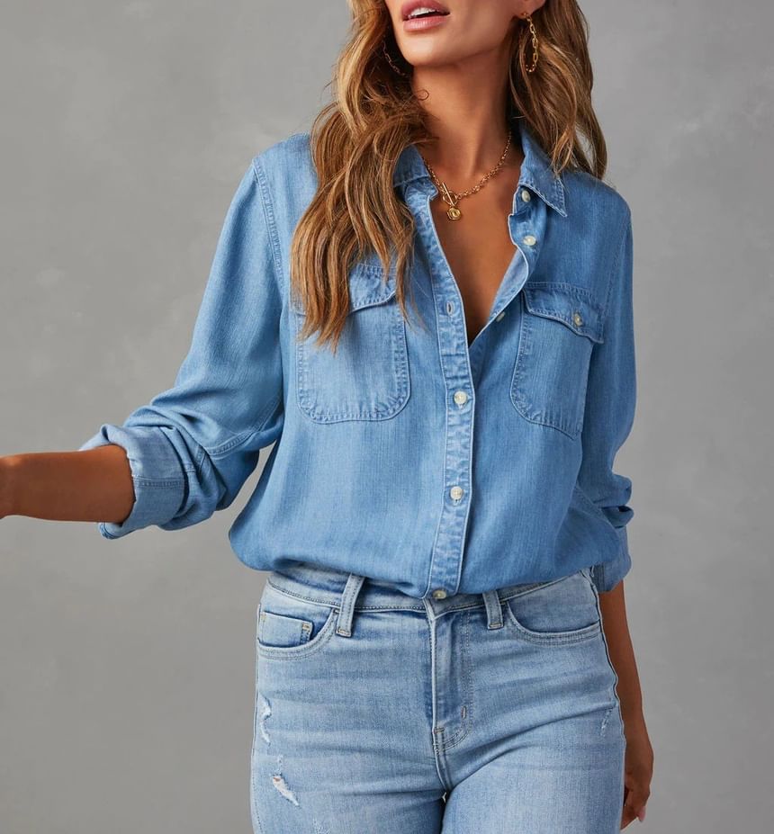 Loose-Fit Sleeve Shirt Denim Long V-Neck