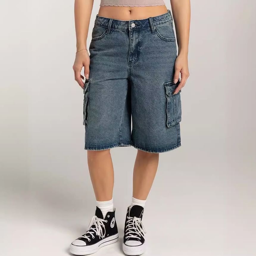 Low Washed Denim Pocket Shorts Waist Wide-Leg