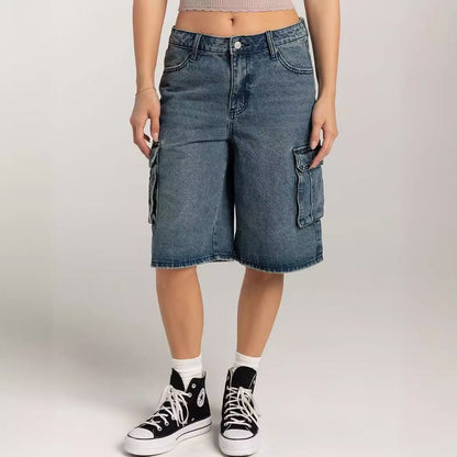 Low Washed Denim Pocket Shorts Waist Wide-Leg
