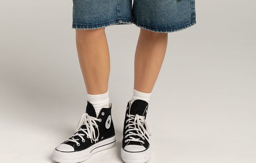 Low Washed Denim Pocket Shorts Waist Wide-Leg