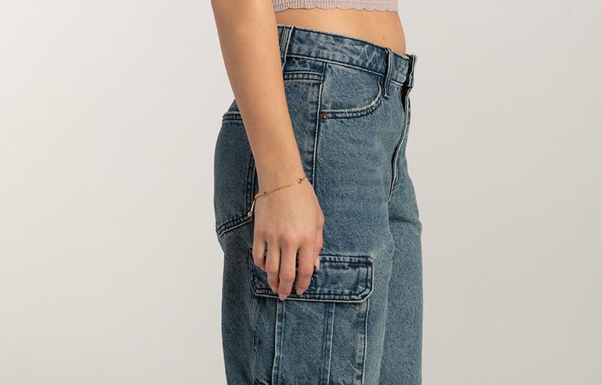 Low Waist Washed Pocket Wide-Leg Denim Shorts