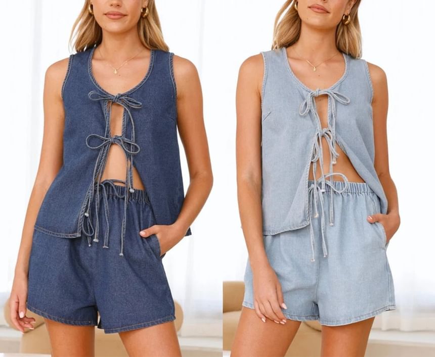 Top Tie-Front Wide-Leg Shorts V-Neck Tank Set: + Denim High Mini Waist