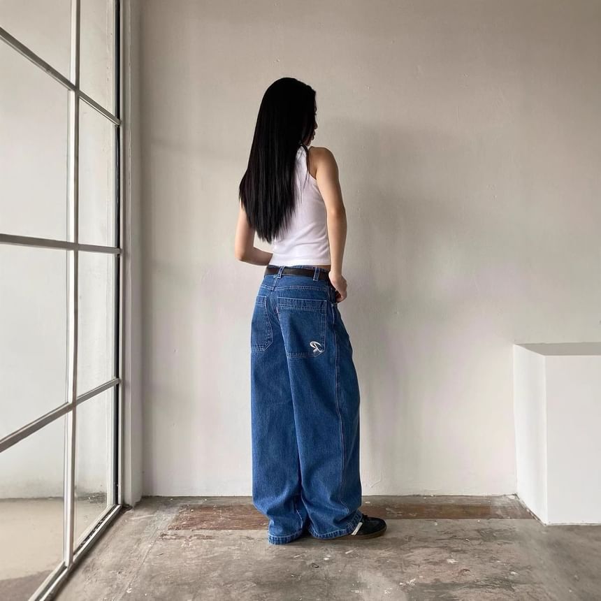 Wide-Leg Loose-Fit Jeans Rise Low Washed