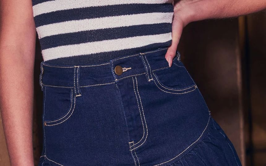 Long Skirt A-Line Jacket Washed / High Zip-Up Waist Denim Mini Cropped Sleeve