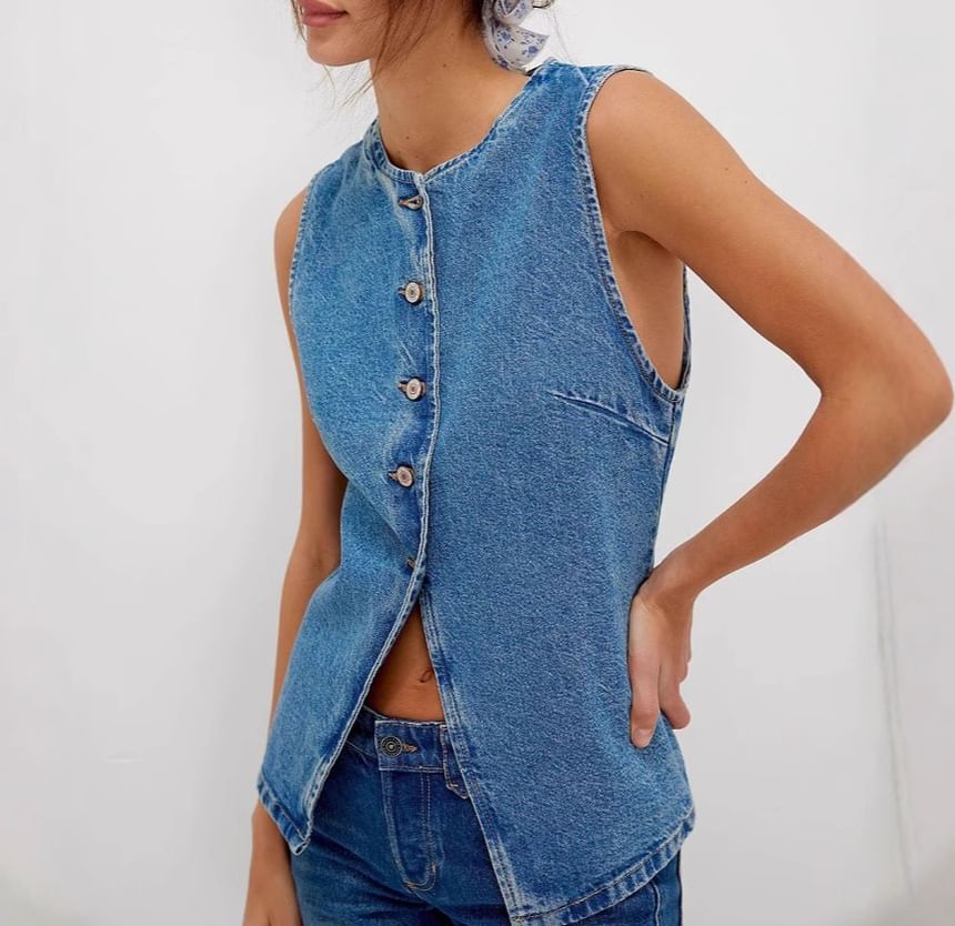 Washed Button-Up Denim Top Slim-Fit Tank