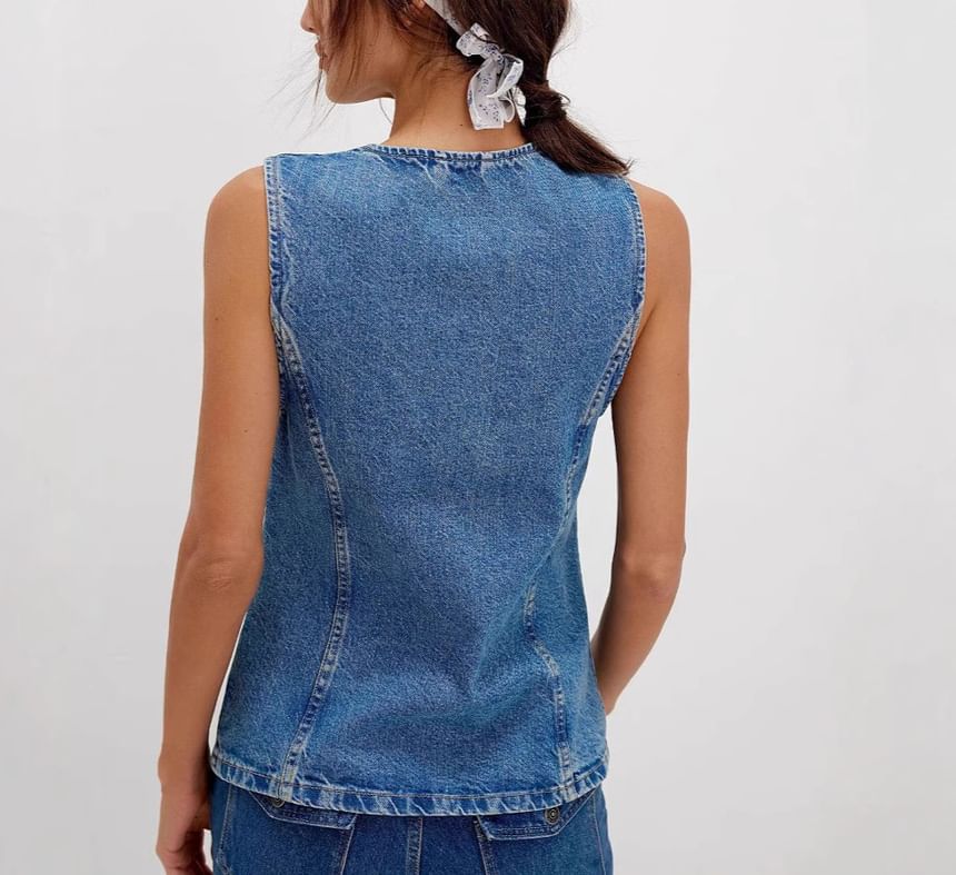 Washed Button-Up Denim Top Slim-Fit Tank