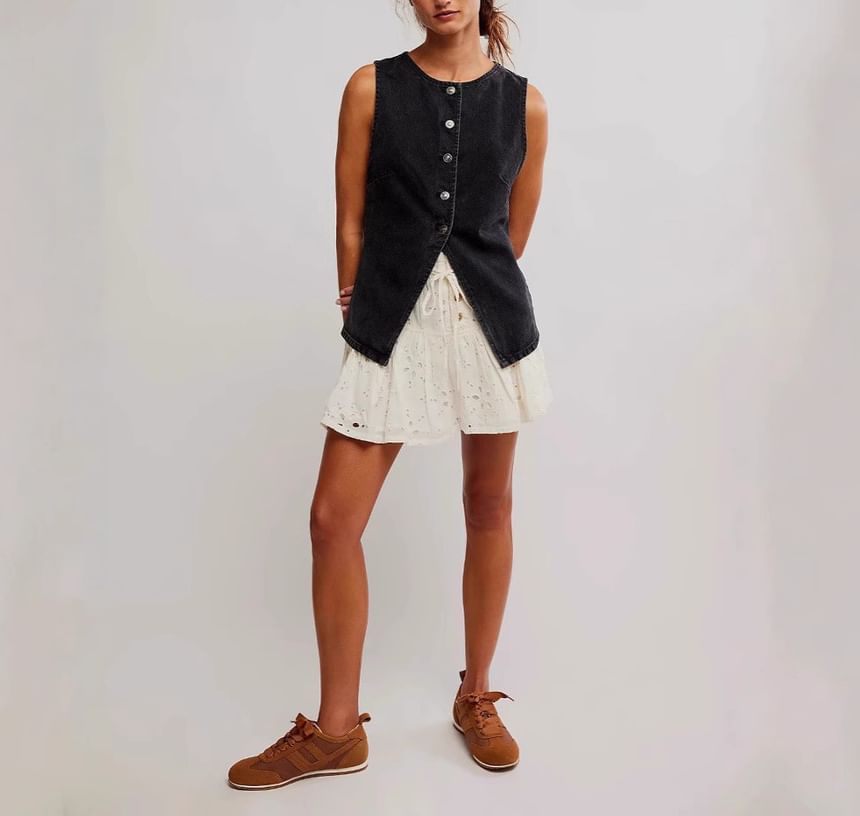 Washed Button-Up Slim-Fit Denim Tank Top