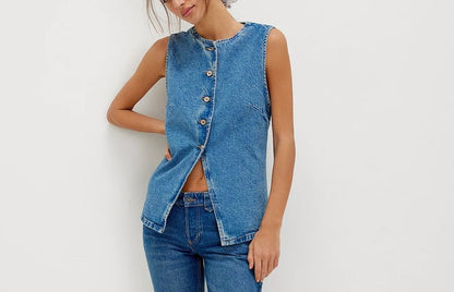 Washed Button-Up Slim-Fit Denim Tank Top