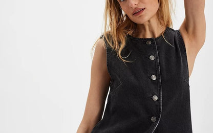 Washed Button-Up Denim Top Slim-Fit Tank