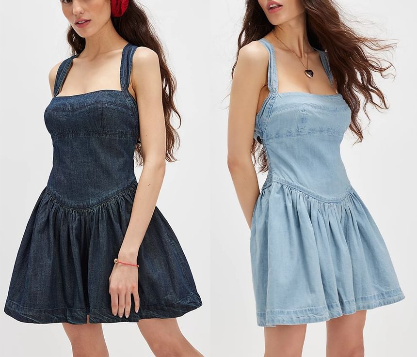 Washed Slim-Fit Denim Square-Neck Sleeveless Dress Mini